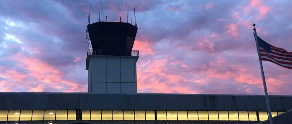 Columbus Airport terminal at dusk.