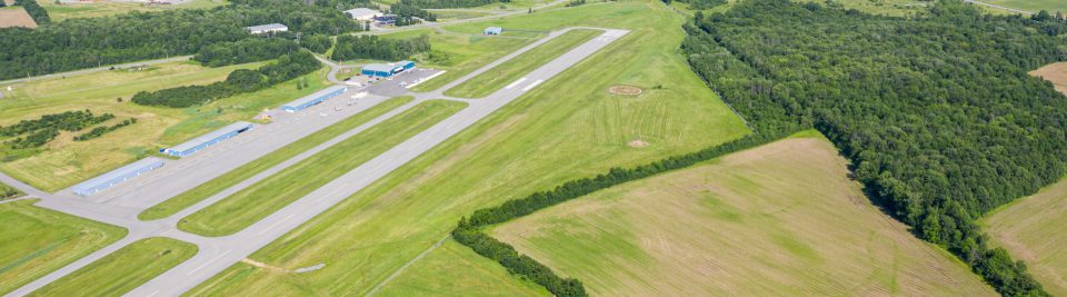 The Canandaigua Airport runway from the air, aerial view.