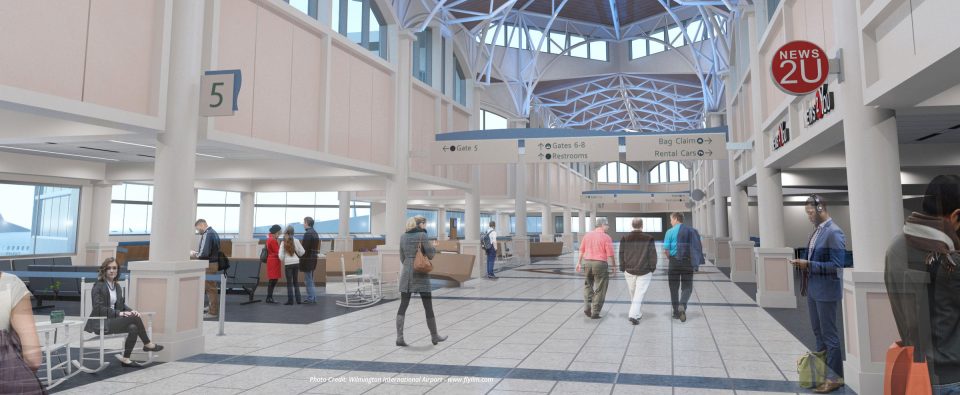 The Wilmington International Airport terminal expansion rendering of the gate area.
